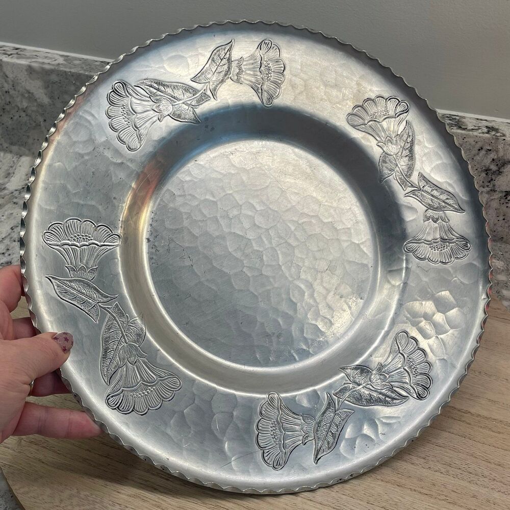 Antique Hand Wrought Farberware Brooklyn NY Hammered Aluminum Tray 11.5" Floral